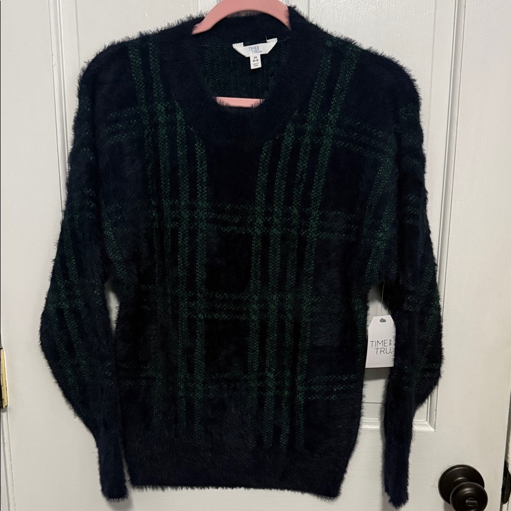 Time and Tru Navy and Green Plaid Sweater